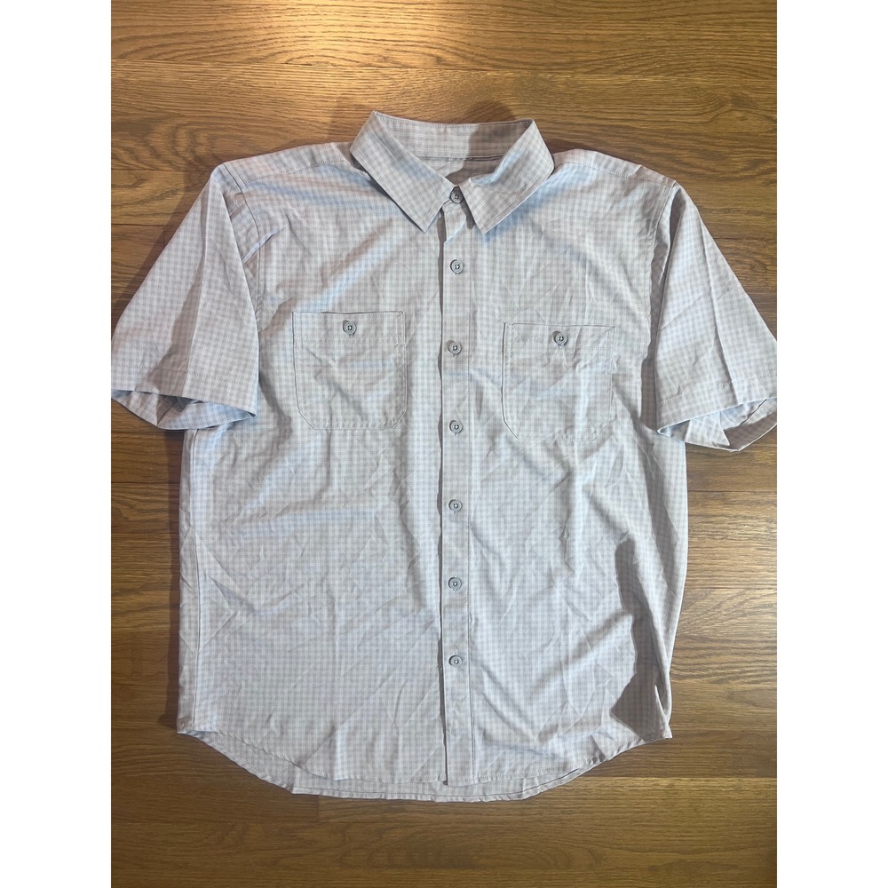 Orvis Mens Large Grey Micro Plaid Short Sleeve Button Down Shirt Dual Pockets